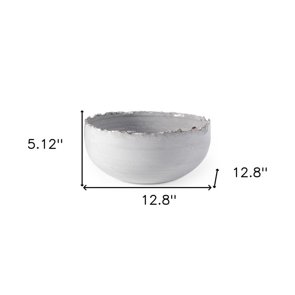 13" White Ceramic Torn Edge Round Centerpiece Bowl