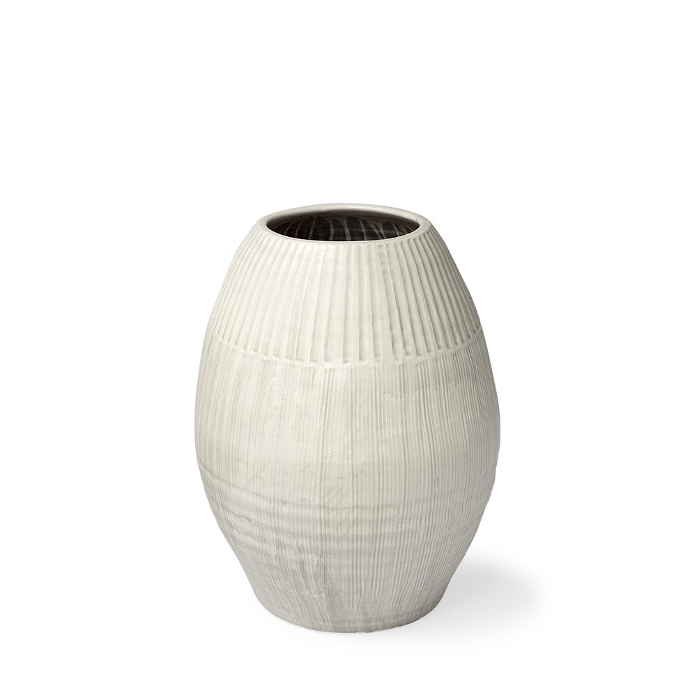 21" White Striped Ceramic Cylinder Floor Vase