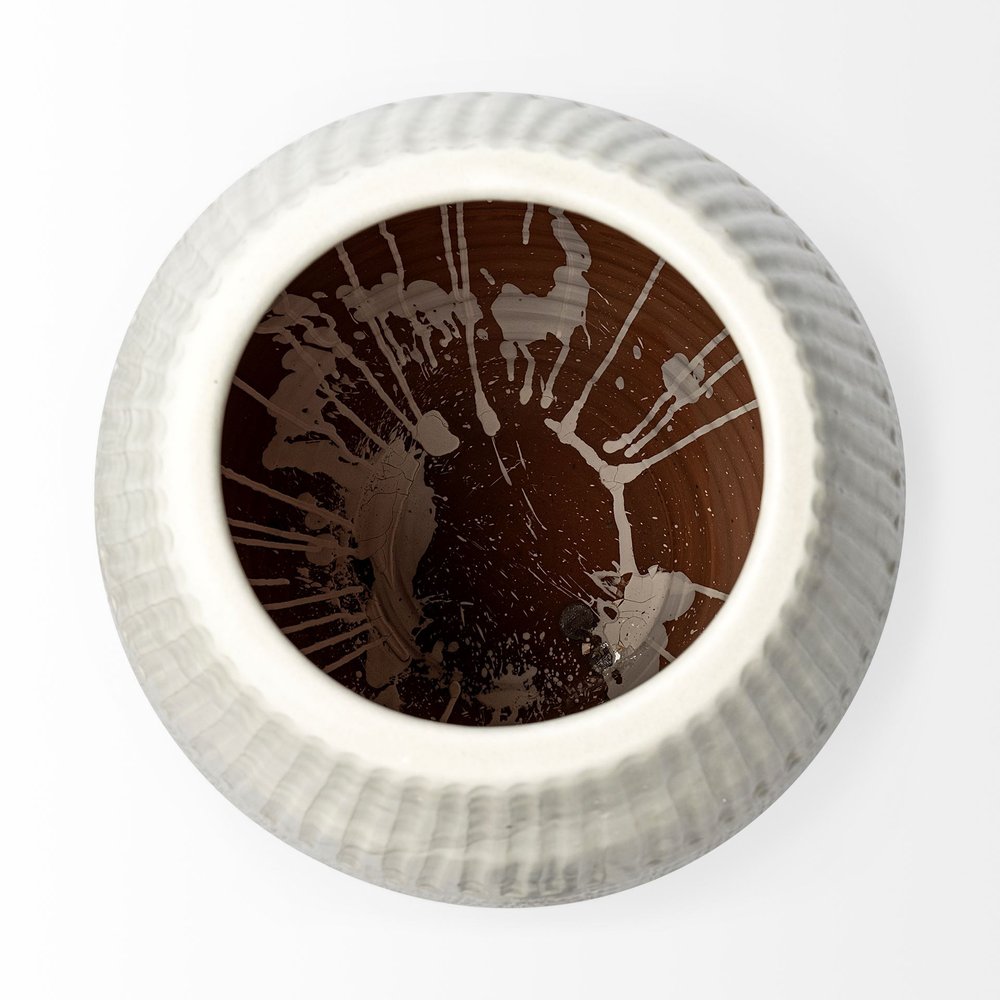 21" White Striped Ceramic Cylinder Floor Vase