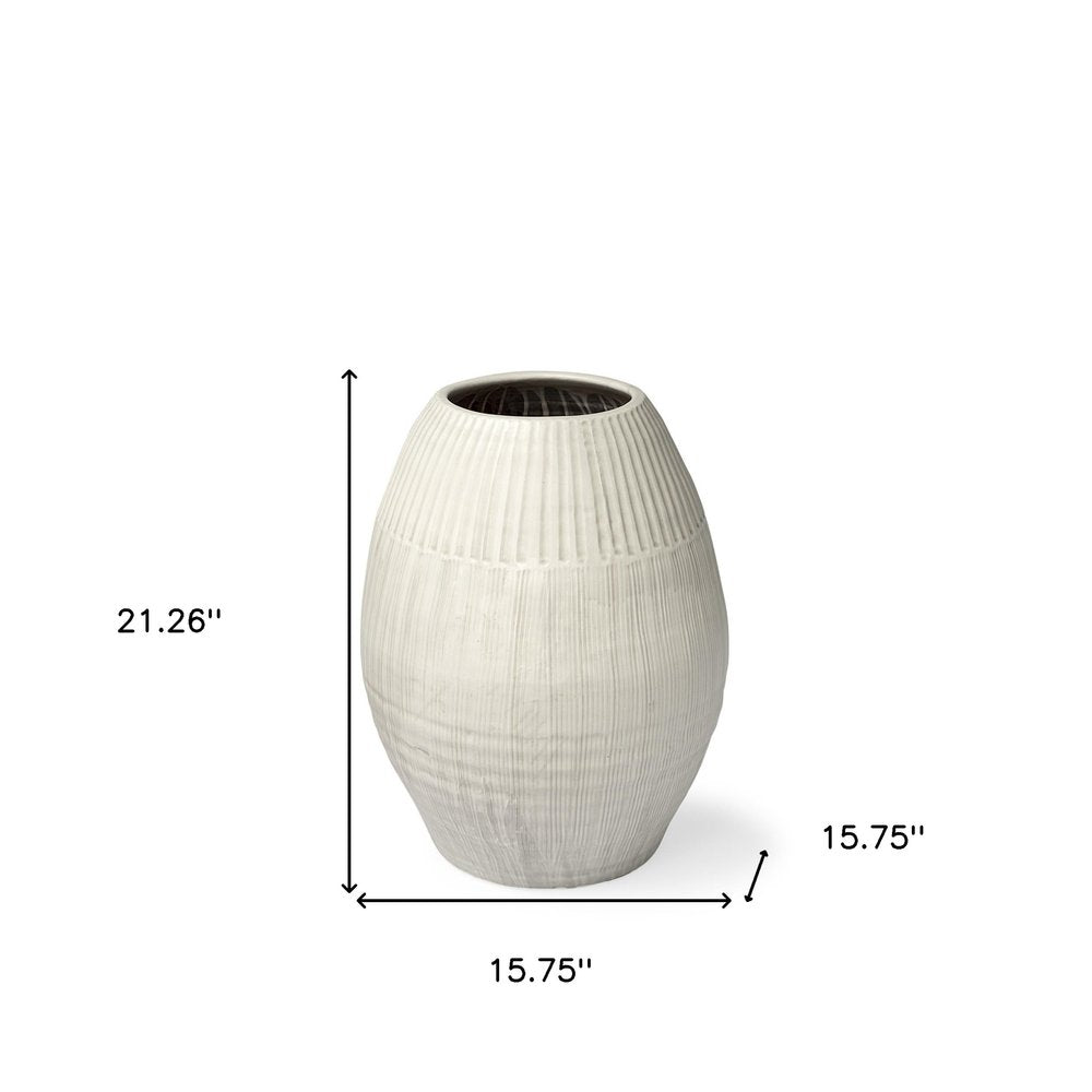 21" White Striped Ceramic Cylinder Floor Vase