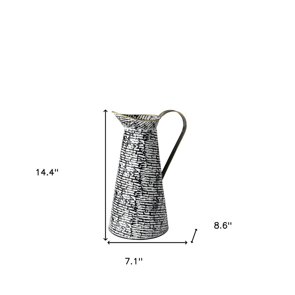 14" Black And White Abstract Cylinder Metal Jug Vase