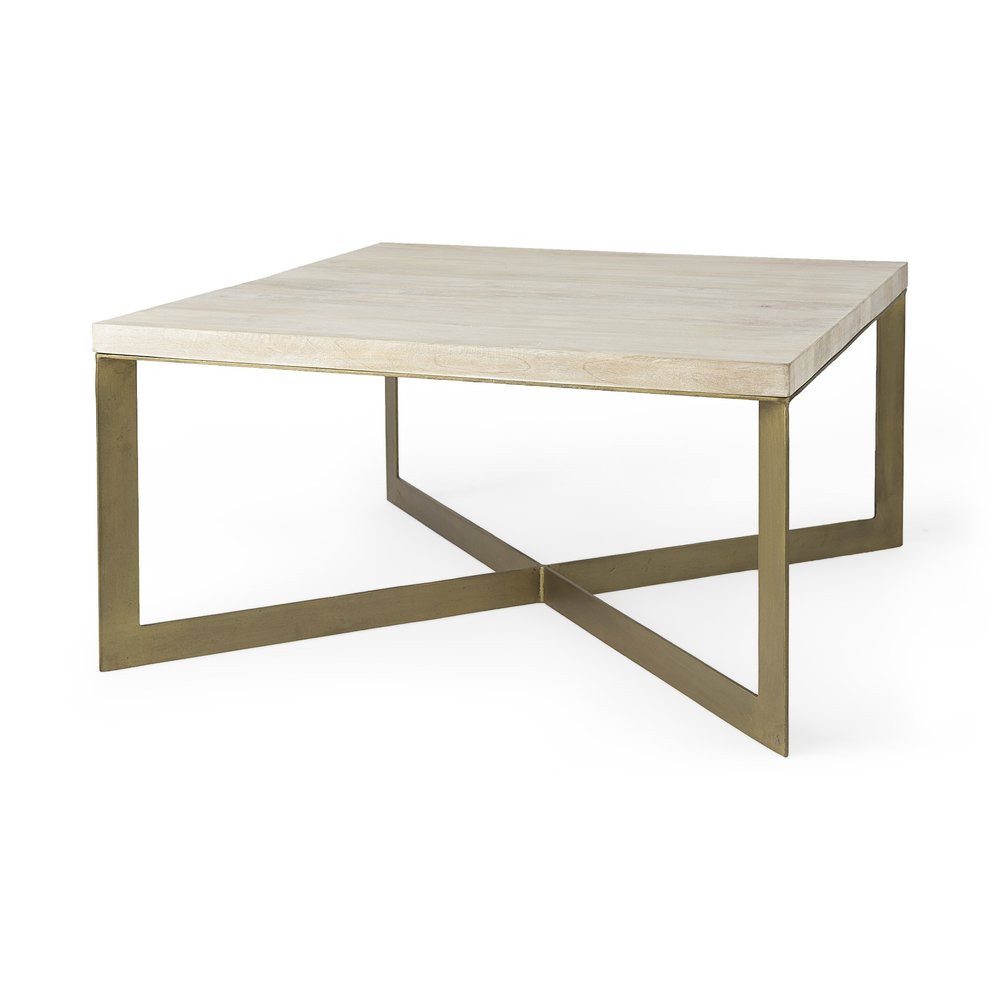 34" Beige Wood and Metal Square Coffee Table