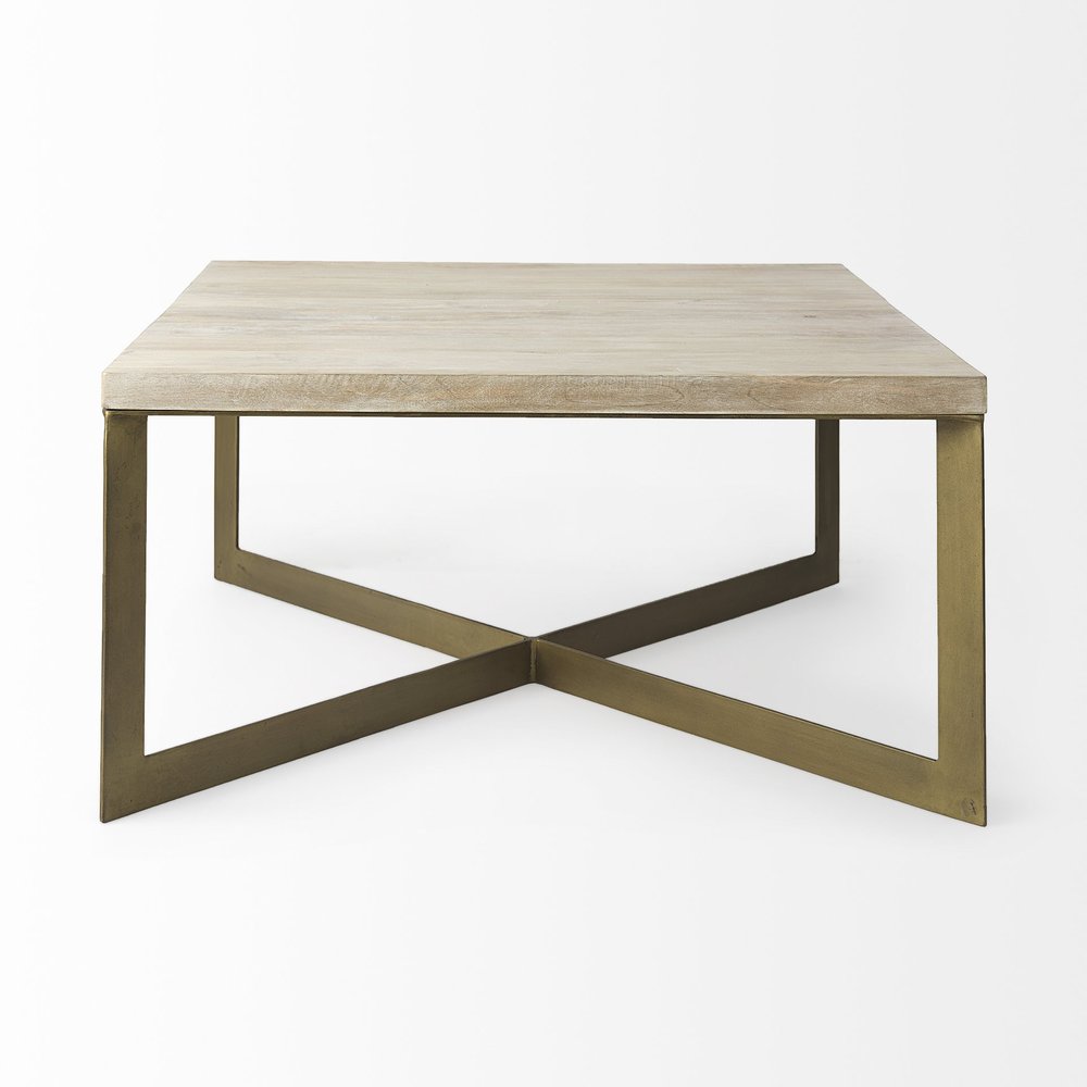 34" Beige Wood and Metal Square Coffee Table