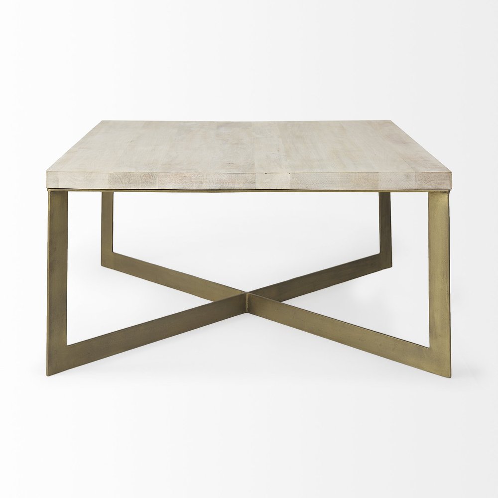 34" Beige Wood and Metal Square Coffee Table