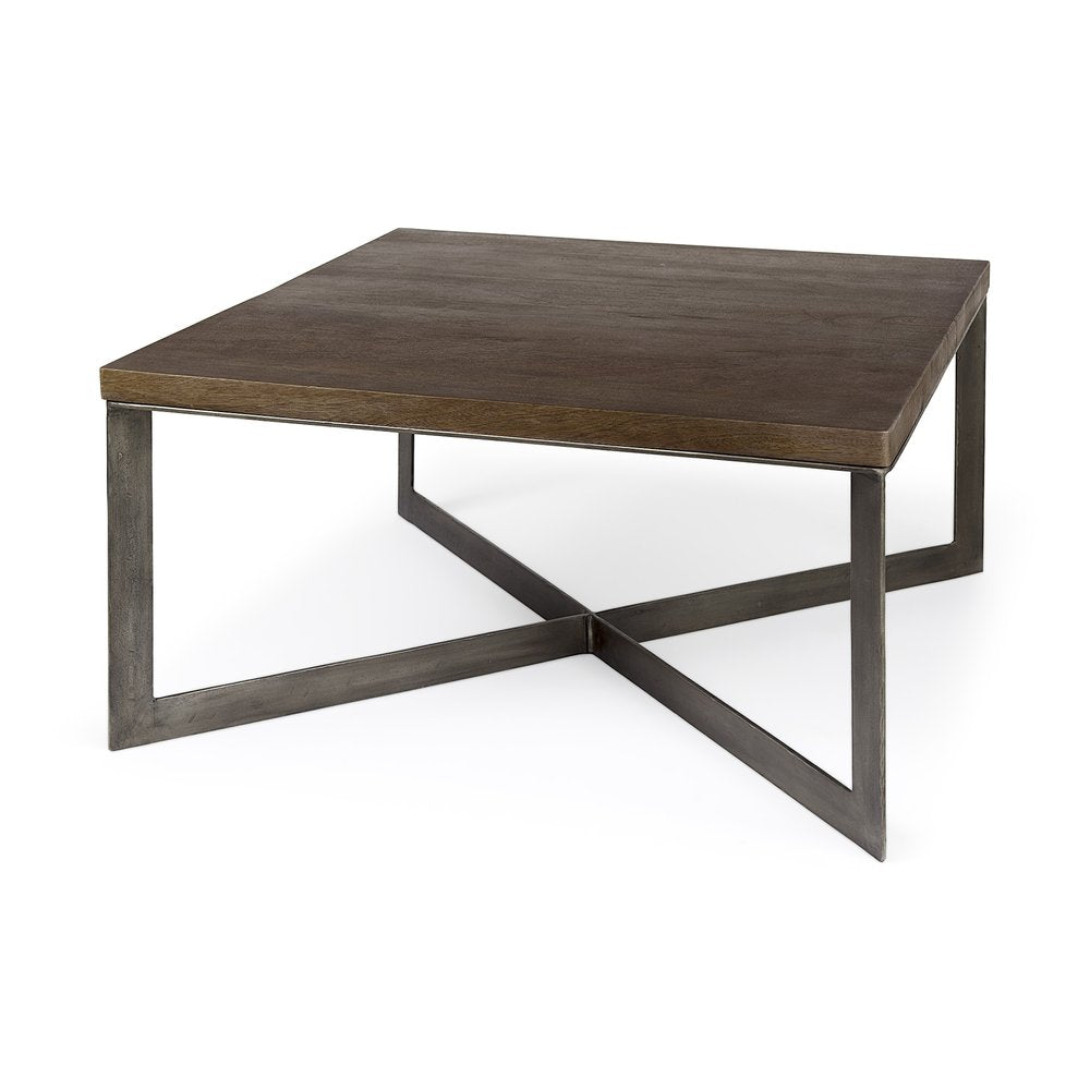 34" Brown Solid Wood and Metal Square Coffee Table