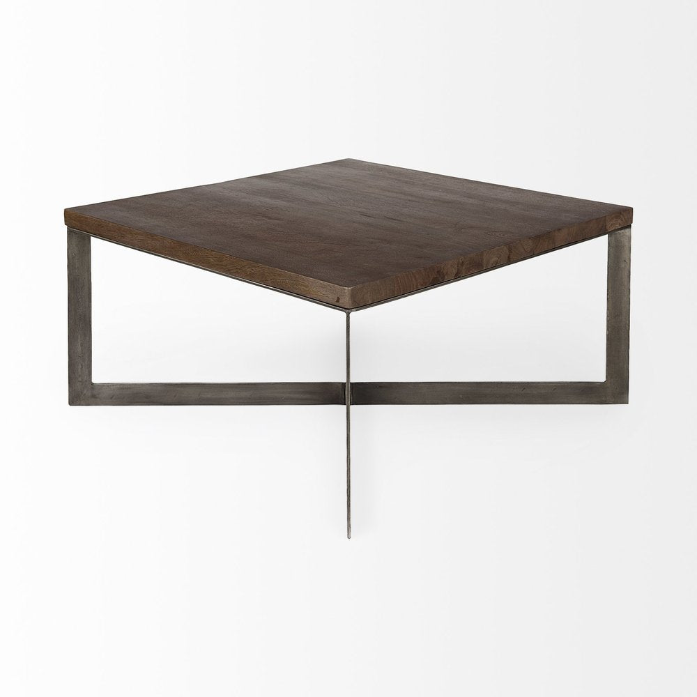 34" Brown Solid Wood and Metal Square Coffee Table