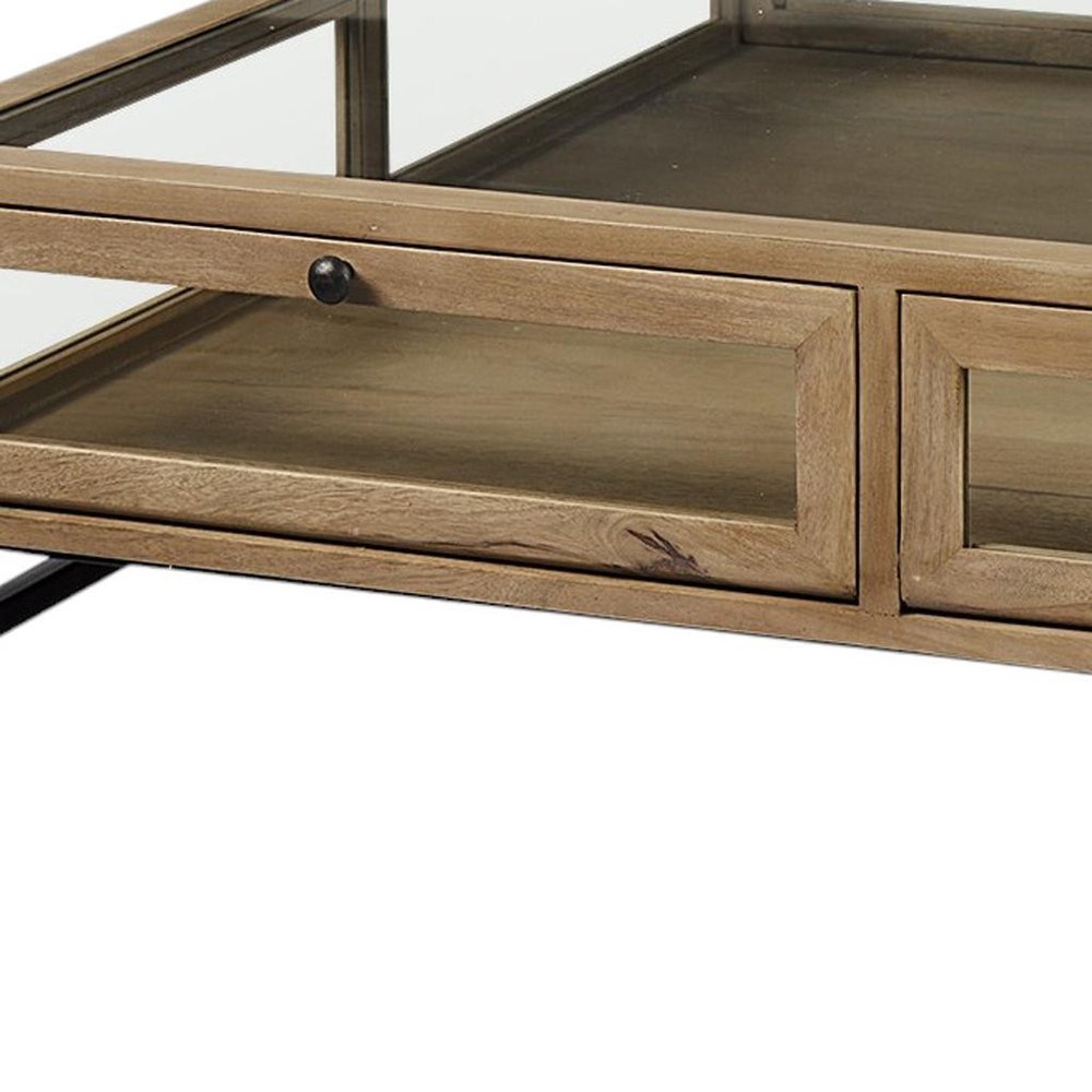 42" Clear and Black Glass and Metal Square Coffee Table With Two Drawers And Shelf