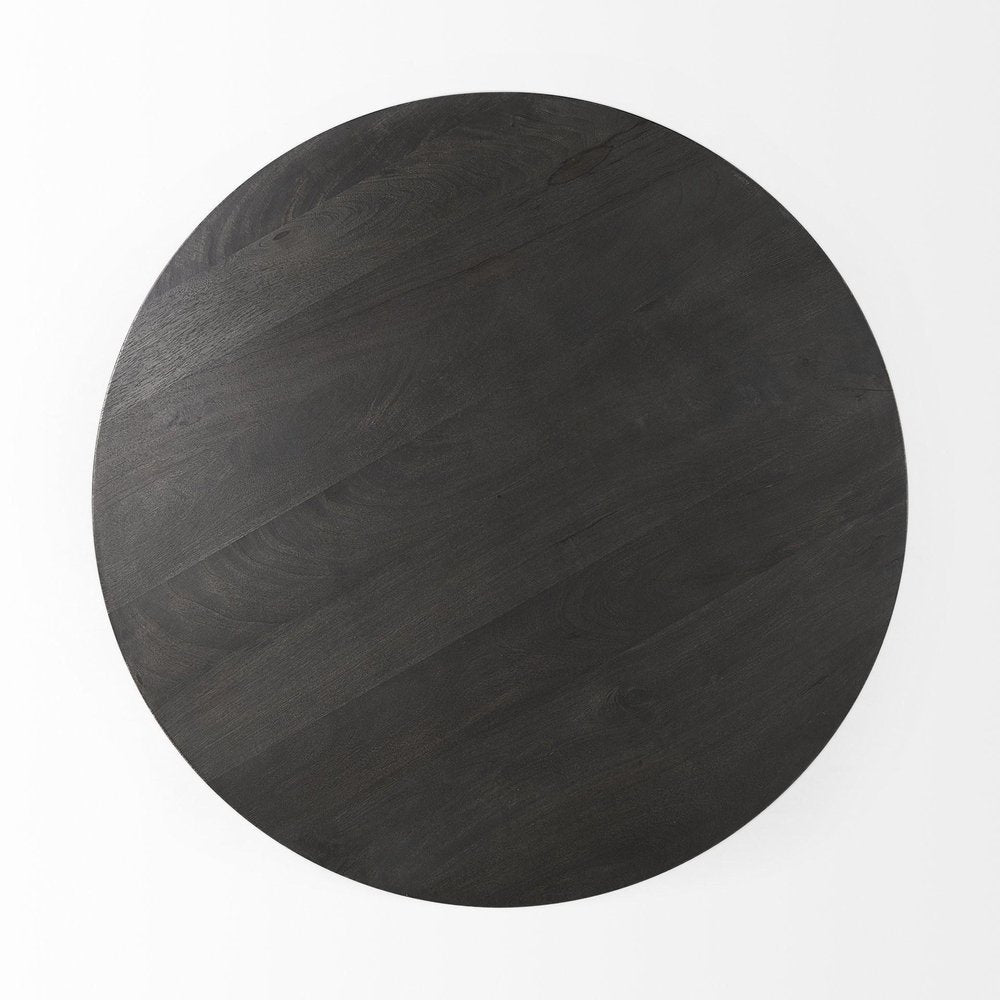 32" Dark Brown and Black Solid Wood and Iron Round Pedestal Coffee Table