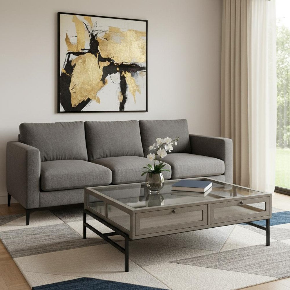 42" Gray and Black Glass and Metal Square Coffee Table With Shelf