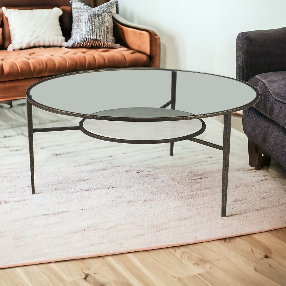 36" Clear and Bronze Glass and Metal Round Coffee Table With Shelf