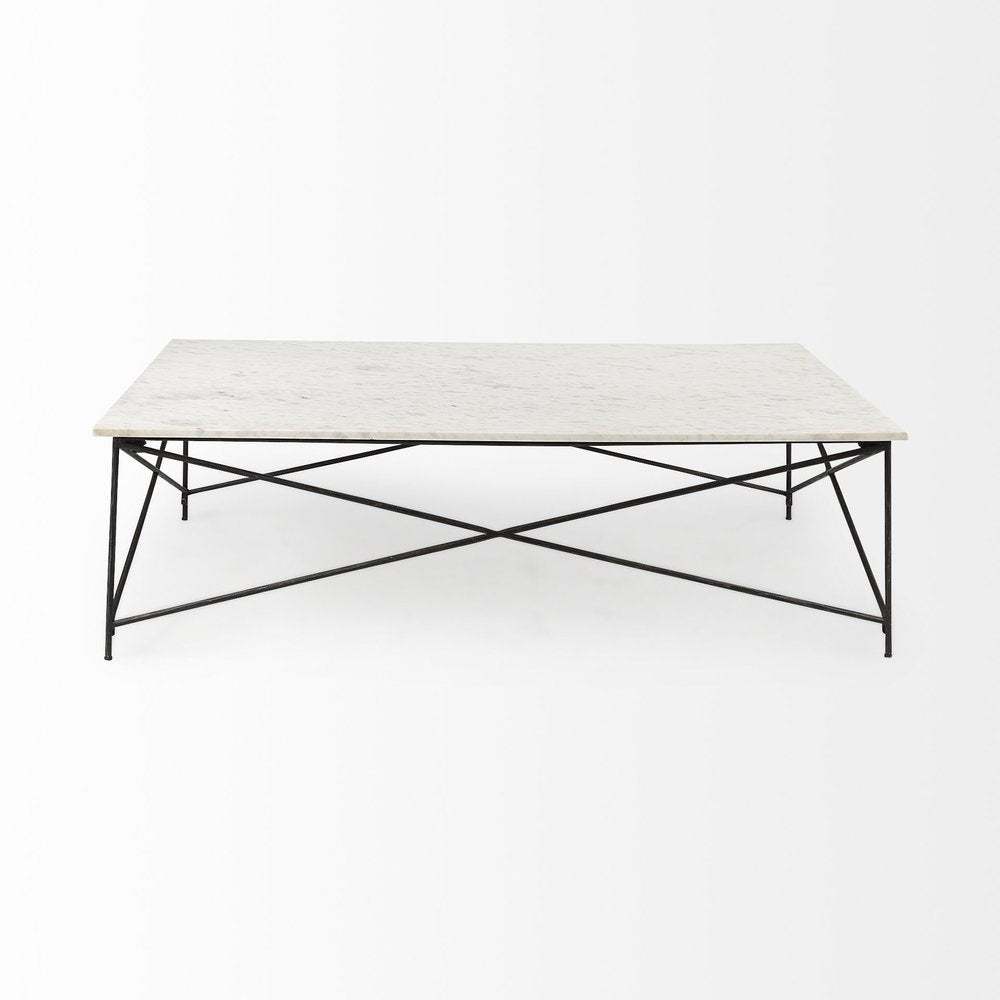 35" White Genuine Marble and Metal Coffee Table