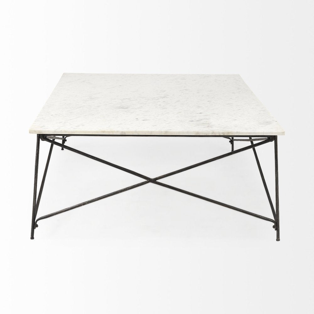 35" White Genuine Marble and Metal Coffee Table