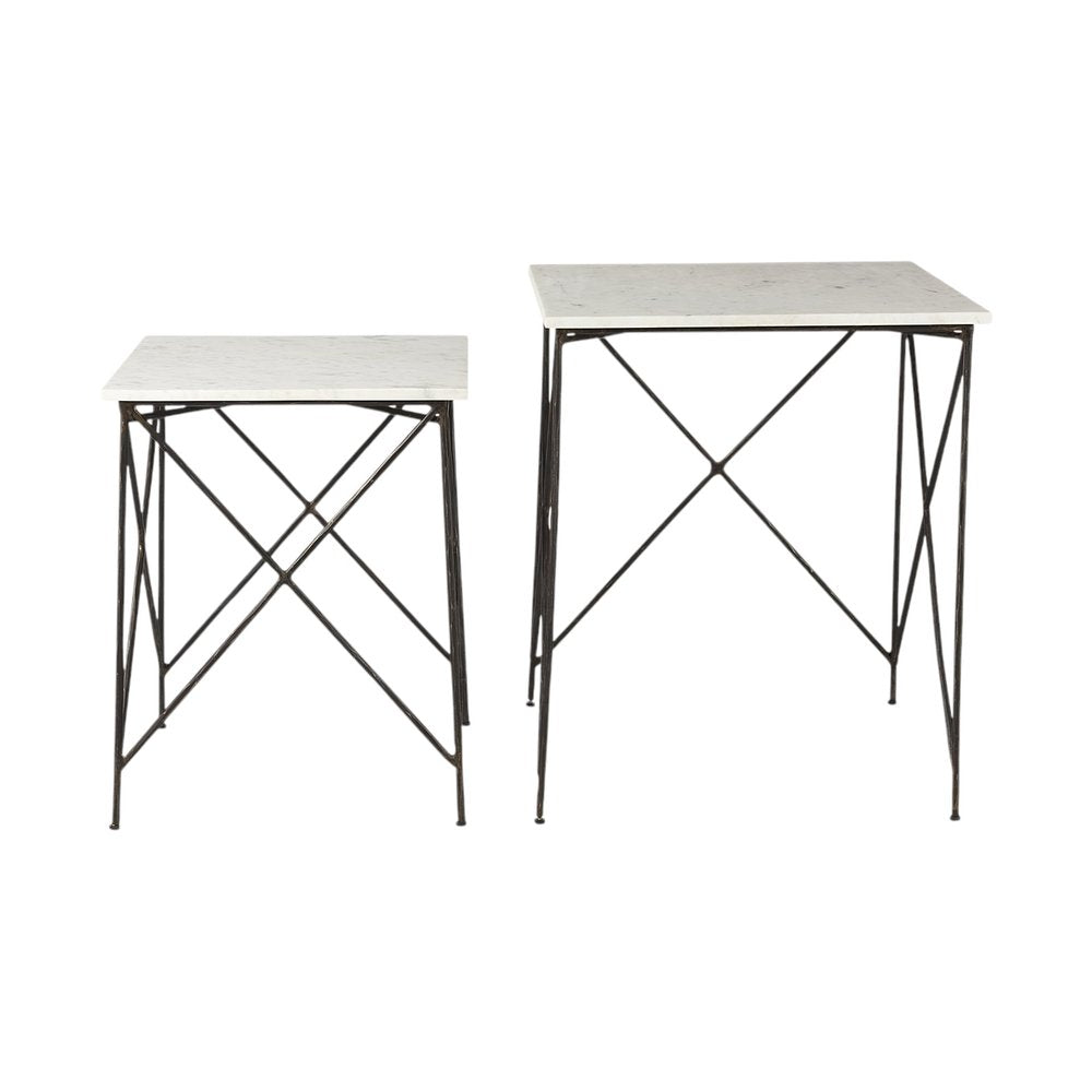 Set of Two White and Black Marble and Metal Square Nested Tables