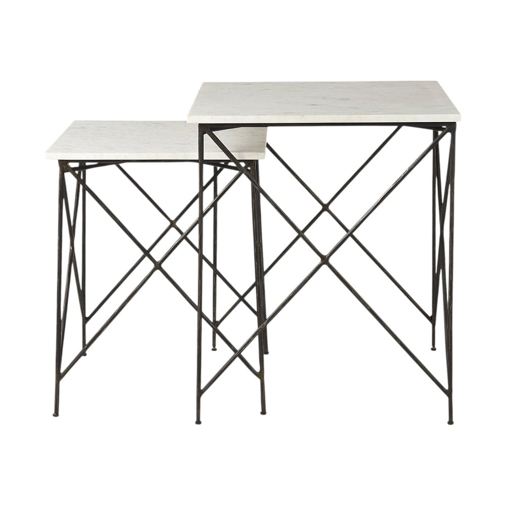 Set of Two White and Black Marble and Metal Square Nested Tables