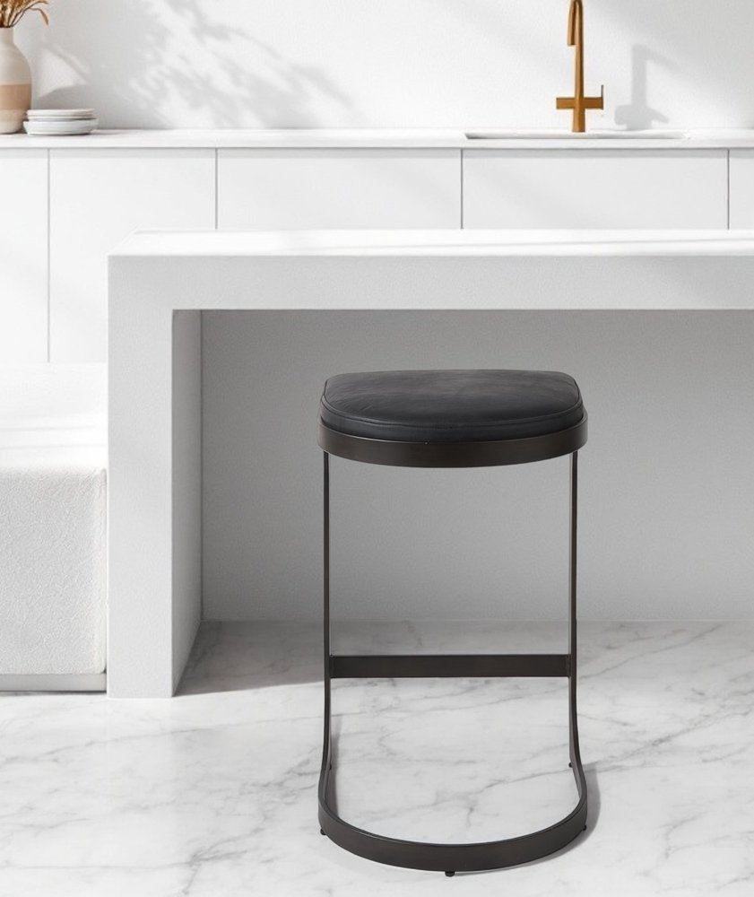 29" Black Faux Leather and Metal Backless Bar Chair