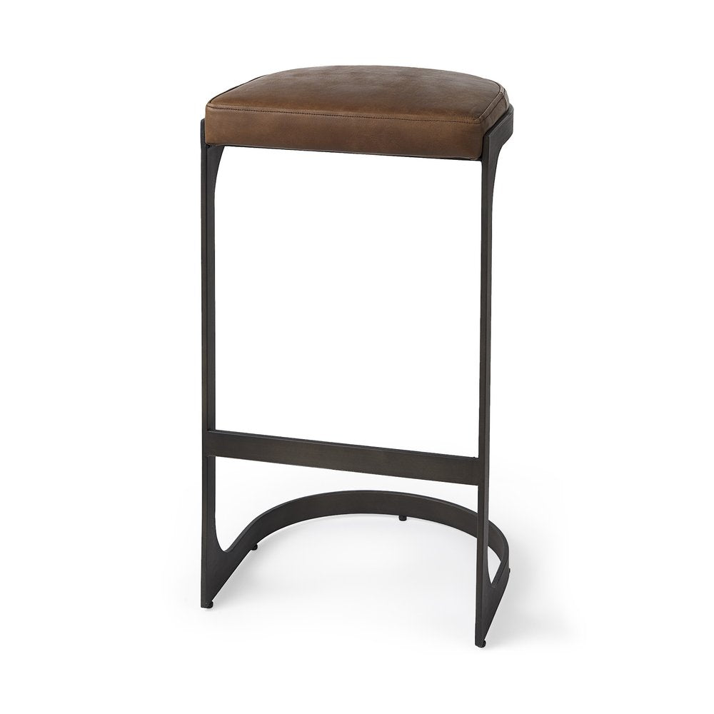 35" Black Leather and Metal Backless Bar Chair