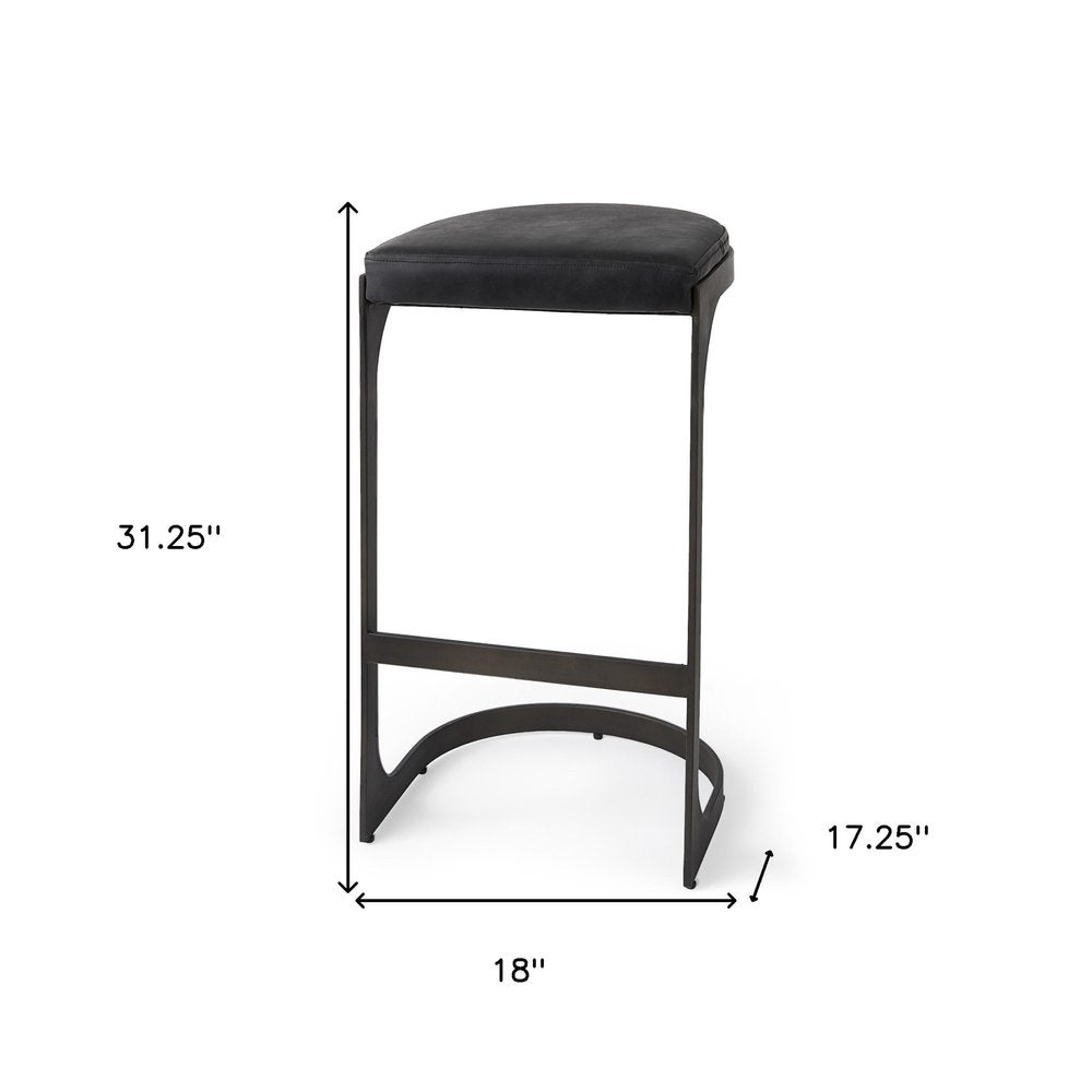 35" Black Leather and Metal Backless Bar Chair