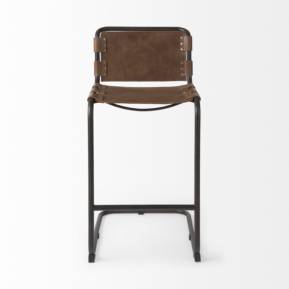 35" Brown and Black Leather and Metal Bar Chair