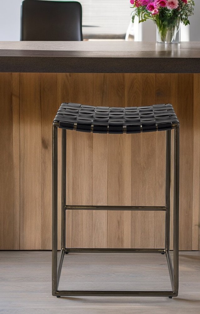 29" Bronze Leather and Metal Backless Bar Chair