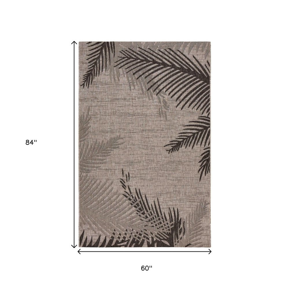 5' X 7' Beige And Red Palm Leaf Indoor Outdoor Area Rug