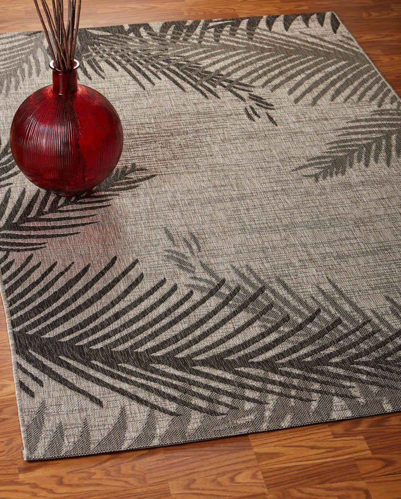 5' X 7' Beige And Red Palm Leaf Indoor Outdoor Area Rug