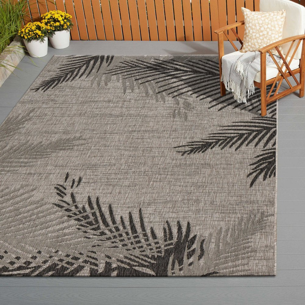 5' X 7' Beige And Red Palm Leaf Indoor Outdoor Area Rug