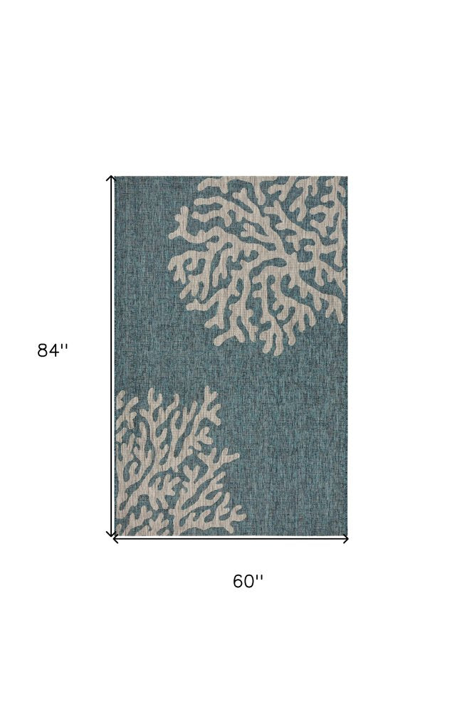 5' X 7' Blue And Gray Coral Indoor Outdoor Area Rug