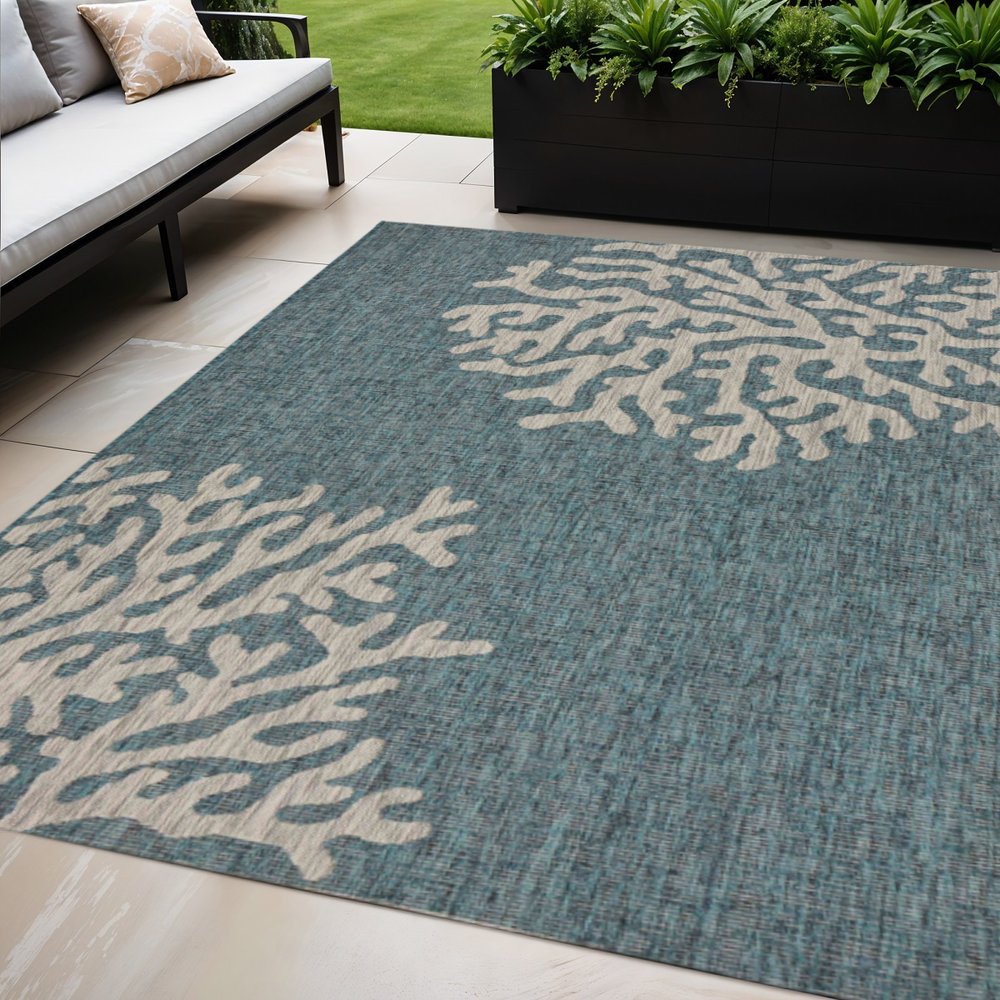 5' X 7' Blue And Gray Coral Indoor Outdoor Area Rug