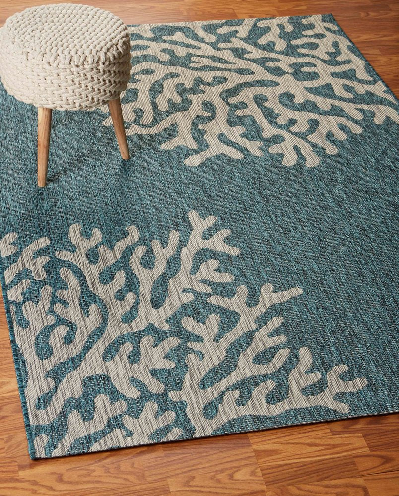 5' X 7' Blue And Gray Coral Indoor Outdoor Area Rug