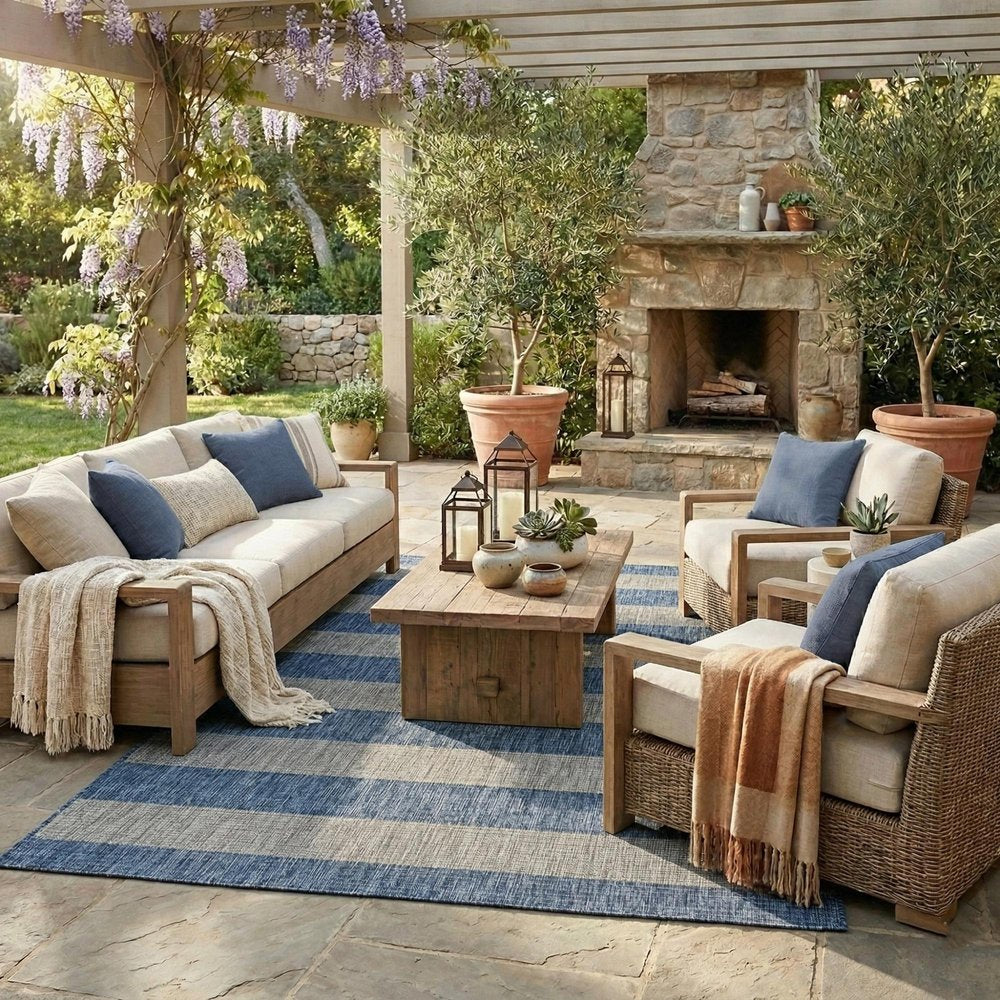 5' X 7' Blue And Gray Striped Indoor Outdoor Area Rug