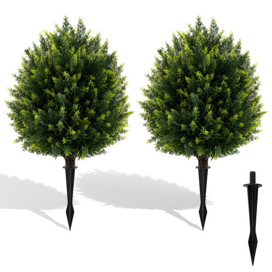 24 Inches Artificial Cypress Topiary Ball Tree Set with Ground Spike-Green