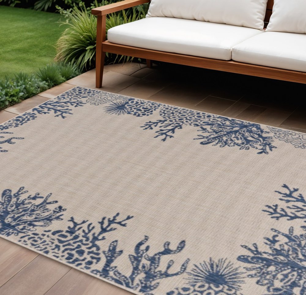 8' X 9' Beige And Blue Coral Indoor Outdoor Area Rug