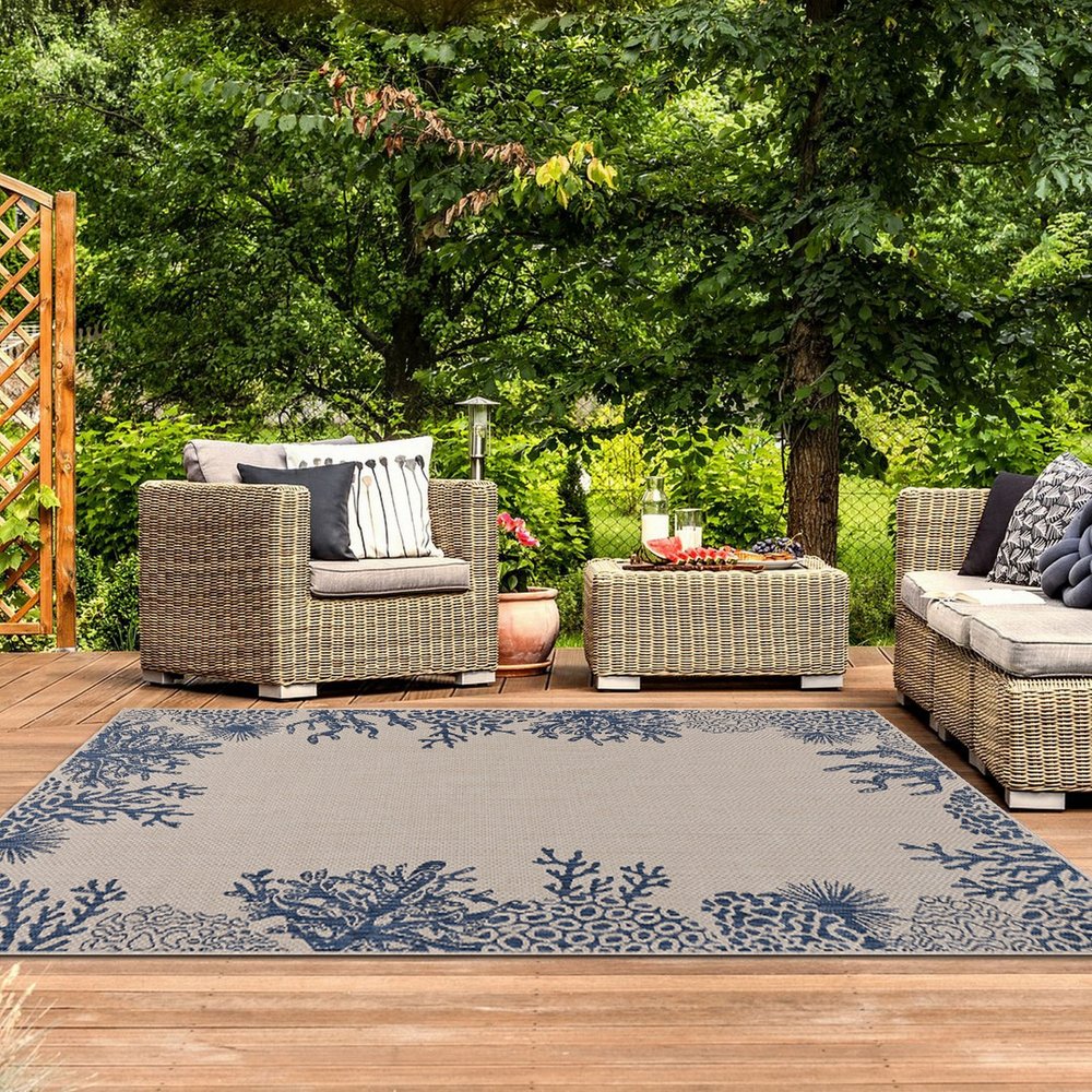 8' X 9' Beige And Blue Coral Indoor Outdoor Area Rug