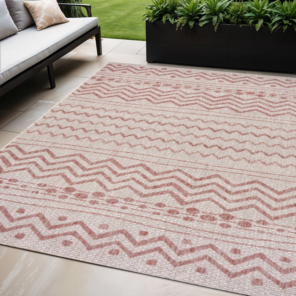 8' X 10' Beige And Red Chevron Indoor Outdoor Area Rug