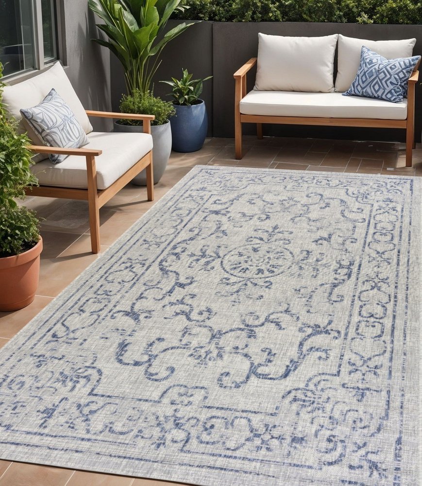 5' X 8' Blue And Gray Indoor Outdoor Area Rug