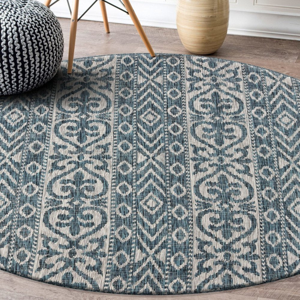 8' X 8' Blue And Gray Round Indoor Outdoor Area Rug