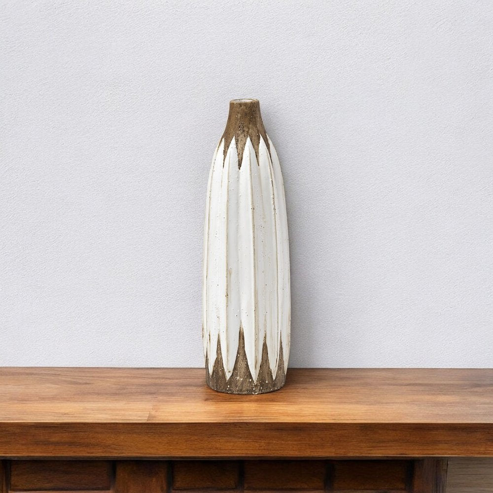 18" Brown And White Abstract Cylinder Ceramic Table Vase