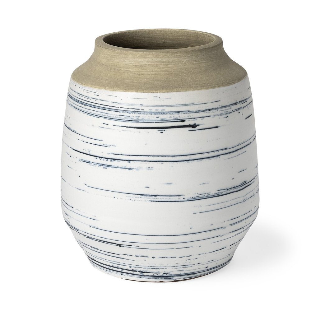 10" Blue Sand And White Abstract Cylinder Ceramic Table Vase