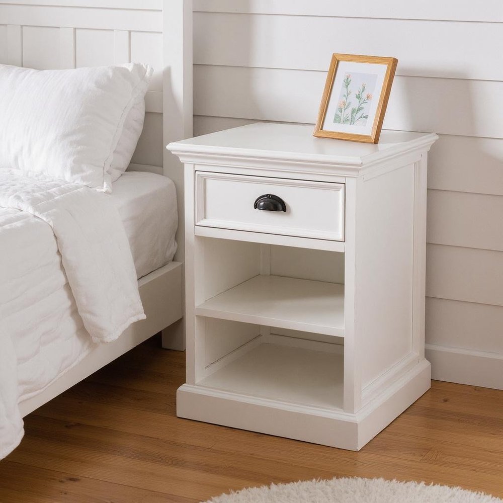24" White Solid Wood Distressed One Drawer Nightstand