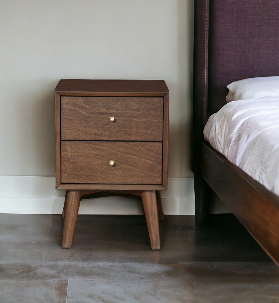 26" Brown Solid Wood and Wood Two Drawer Nightstand