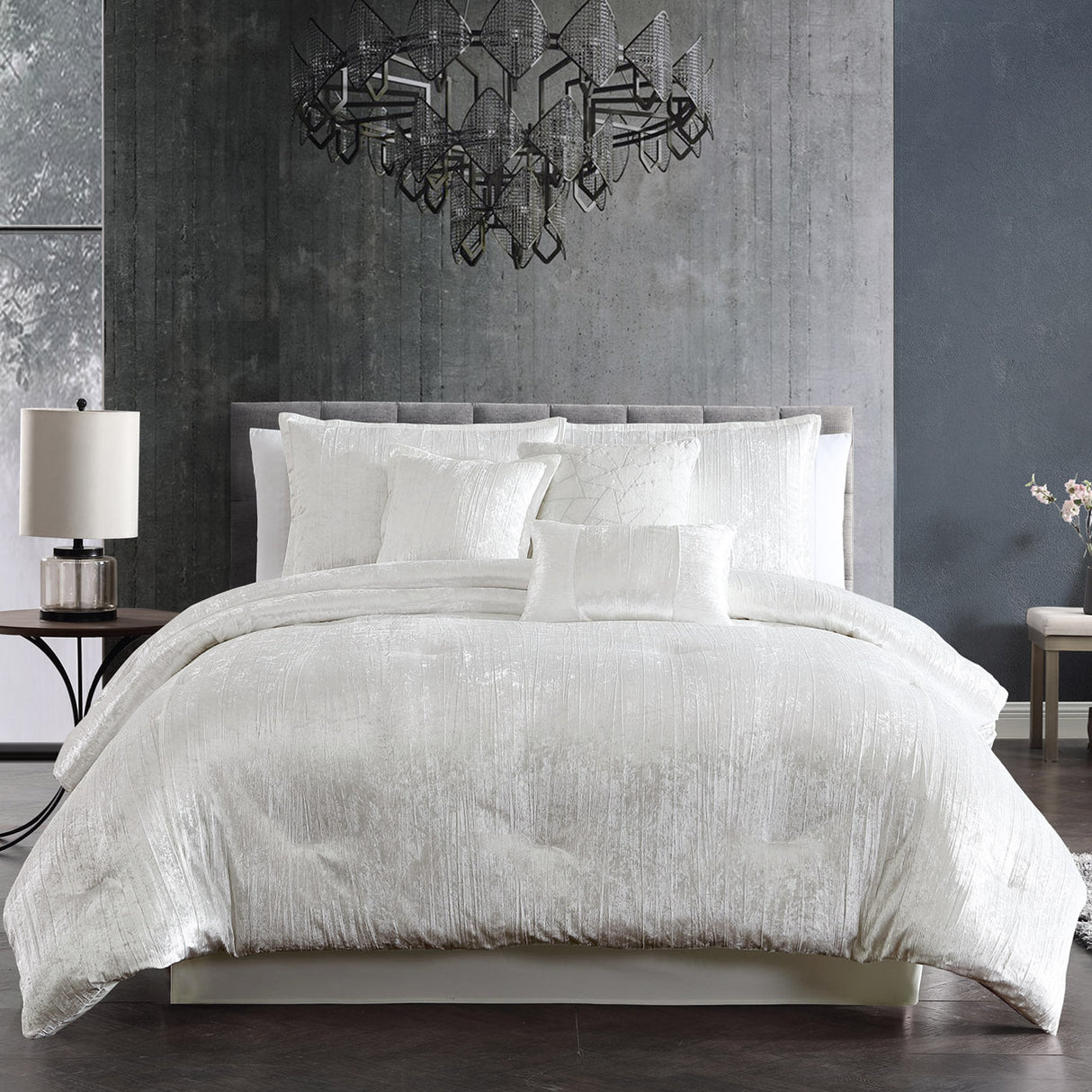 Turin 7 Piece White Crinkle Velvet Queen Comforter Ensemble