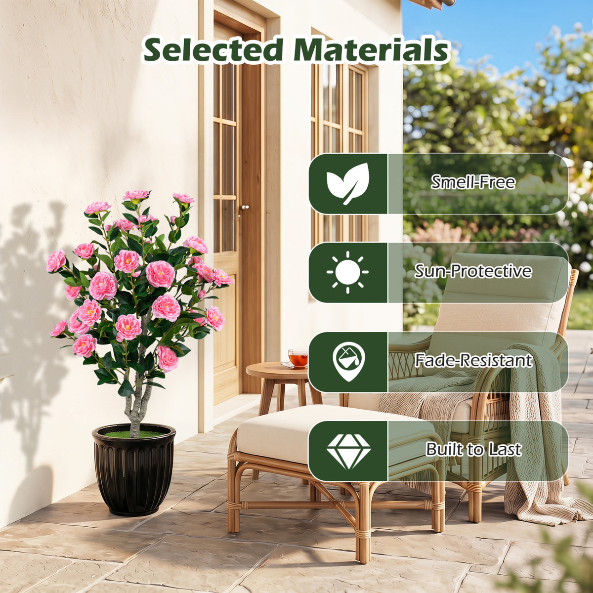 39.5" Artificial Camellia Tree with Orange Blossoms in Cement Pot for Home Decoration-Pink