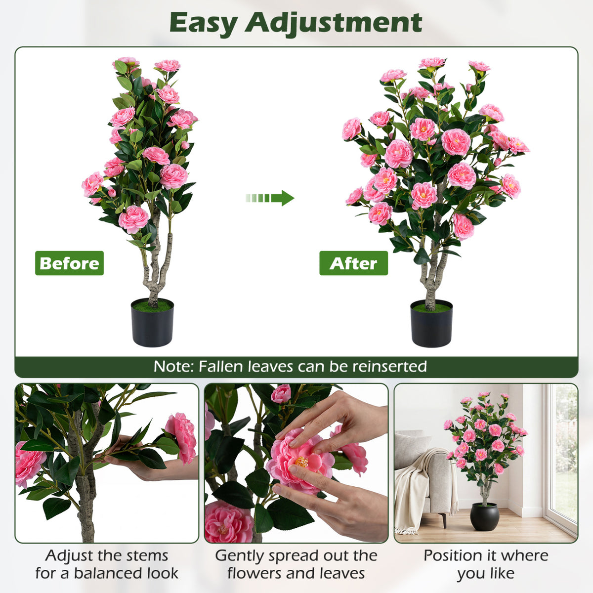 39.5" Artificial Camellia Tree with Orange Blossoms in Cement Pot for Home Decoration-Pink