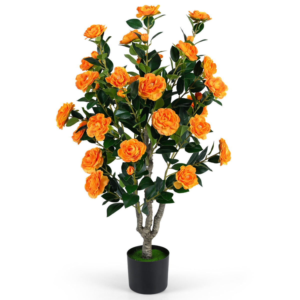 39.5" Artificial Camellia Tree with Orange Blossoms in Cement Pot for Home Decoration-Orange