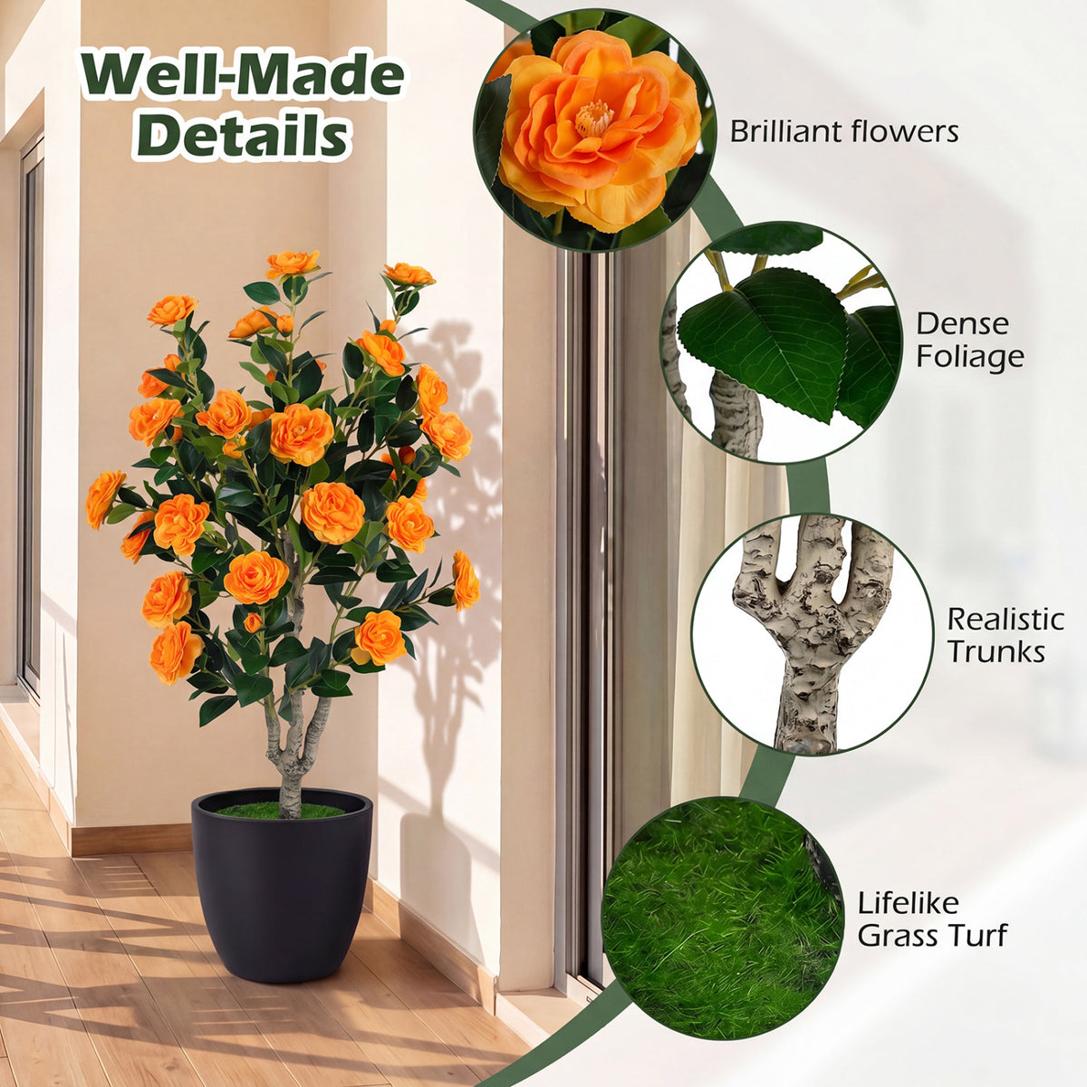 39.5" Artificial Camellia Tree with Orange Blossoms in Cement Pot for Home Decoration-Orange