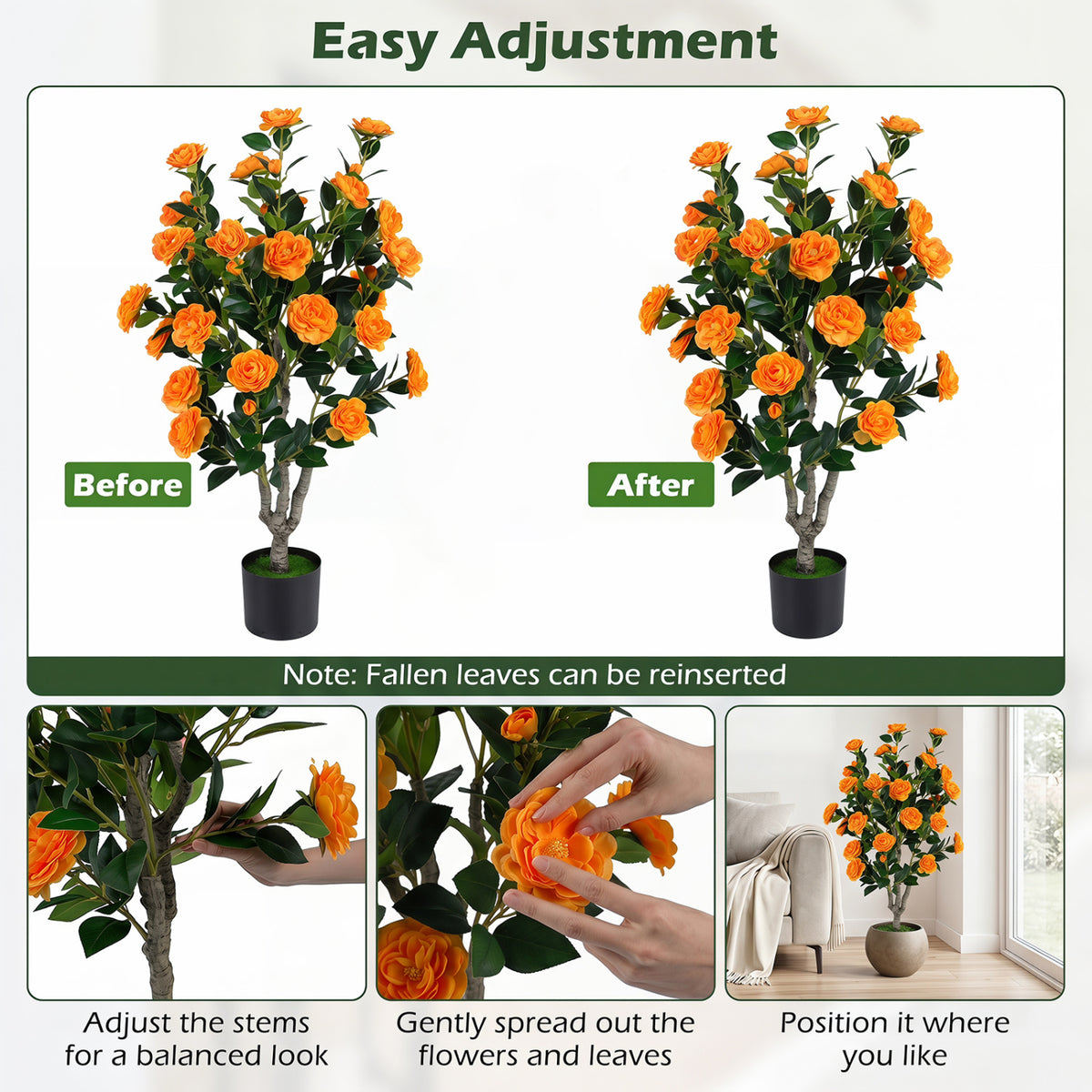 39.5" Artificial Camellia Tree with Orange Blossoms in Cement Pot for Home Decoration-Orange