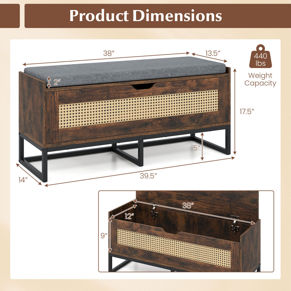 39.5" Rattan Storage Chest Wicker Shoe Bench with Padded Seat Flip-Top-Rustic Brown