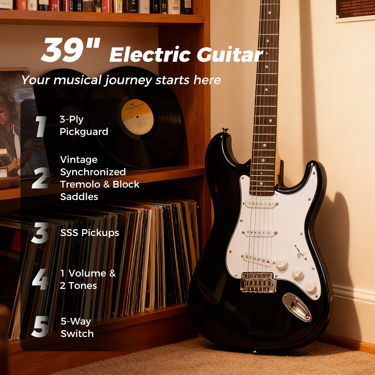 39 Inch Full Size Electric Guitar Beginner Kit with Amplifier for Starter-Black