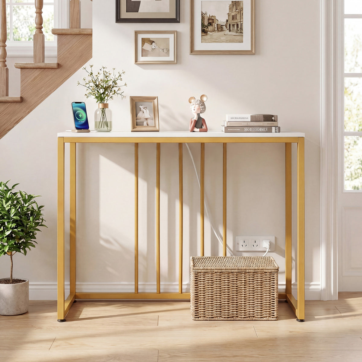 39"Modern Console Table with Built-in Charging Station-White