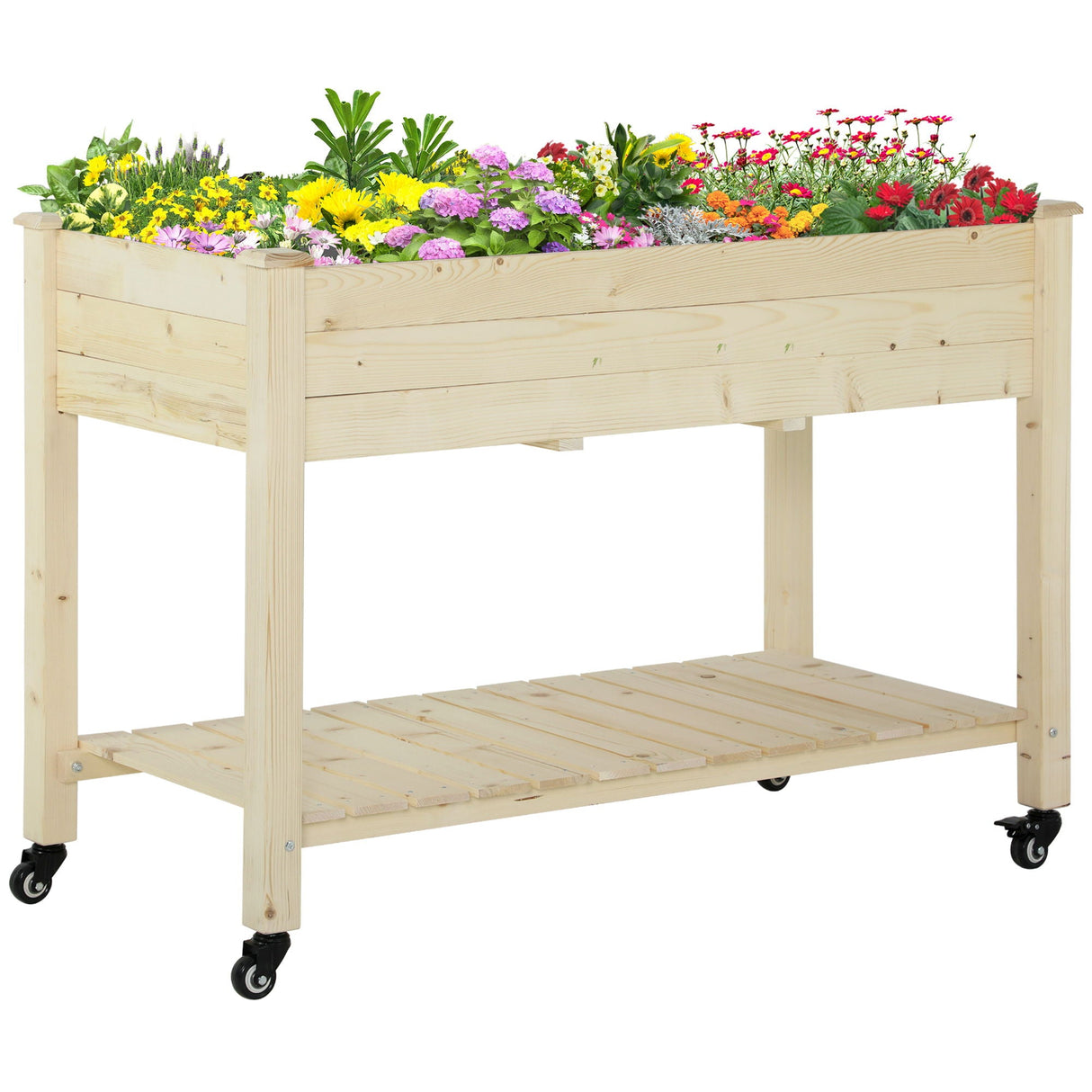 Outsunny - Raised Garden Bed, 47" x 22" x 33", Elevated Wooden Planter Box With Lockable Wheels, Storage Shelf, And Bed Liner For Backyard, Patio - Natural by Couch.com